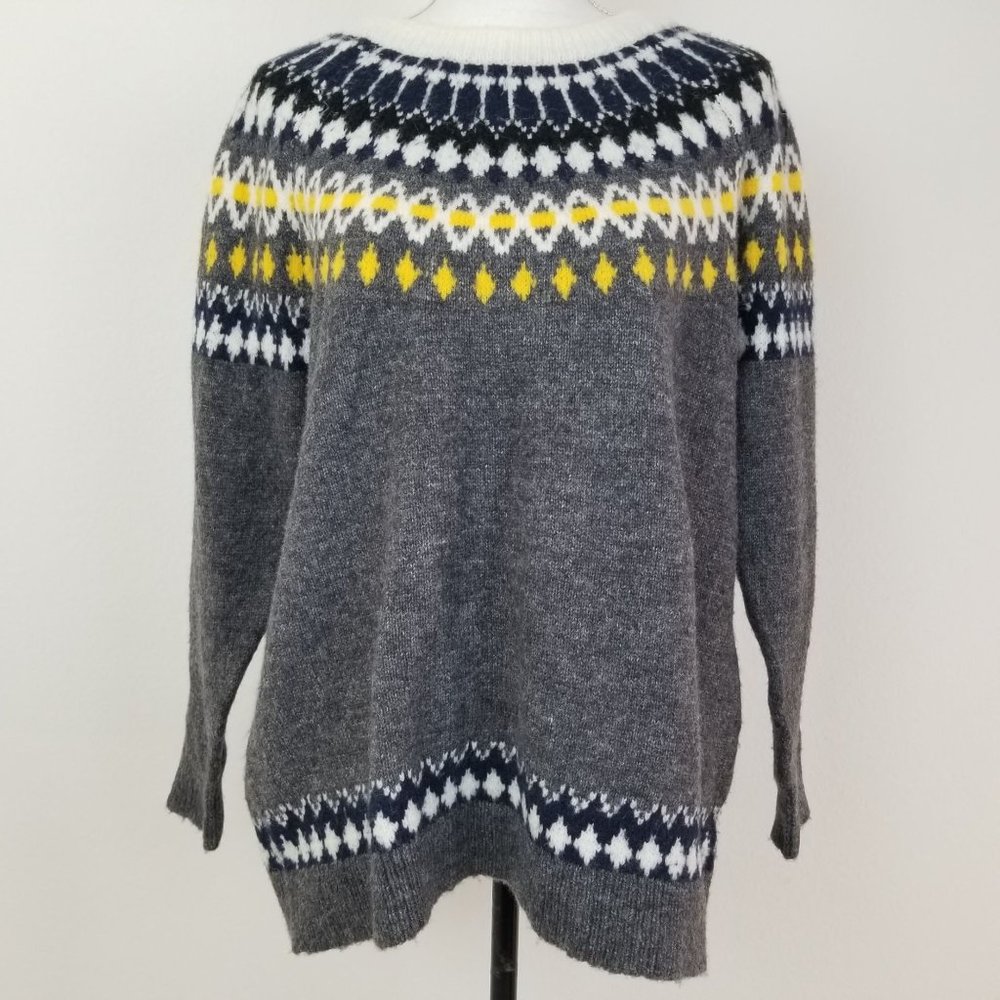 RD Style Womens Sweater Grey Yellow White Nordic Fair Isle Boat Neck 1X